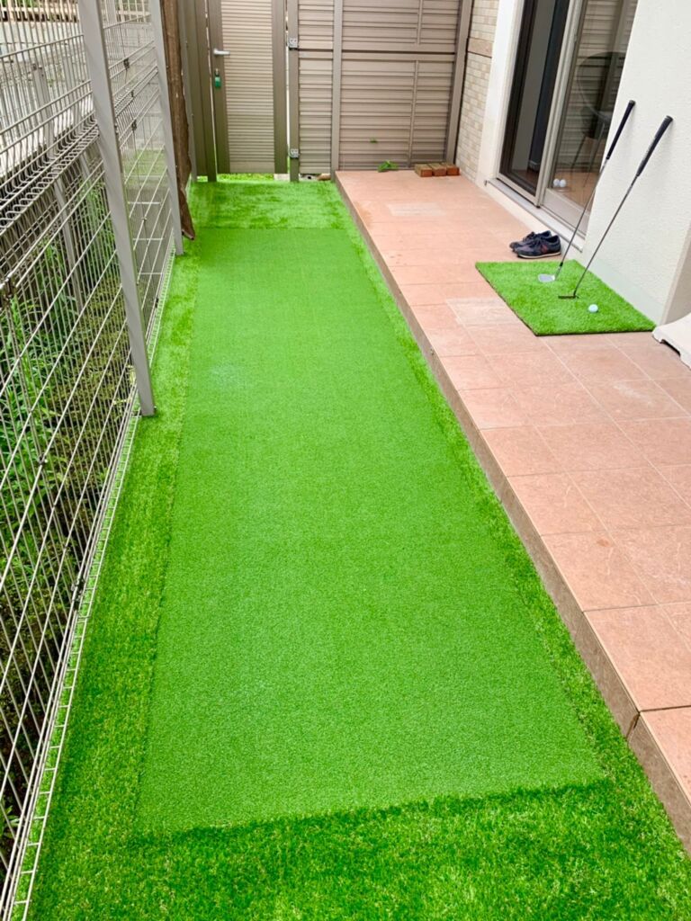 人工芝施工　ゴルフ練習設備施工　神戸市　戸建　庭5平米　DX28㎜使用＋カールタイプ芝丈 16mm