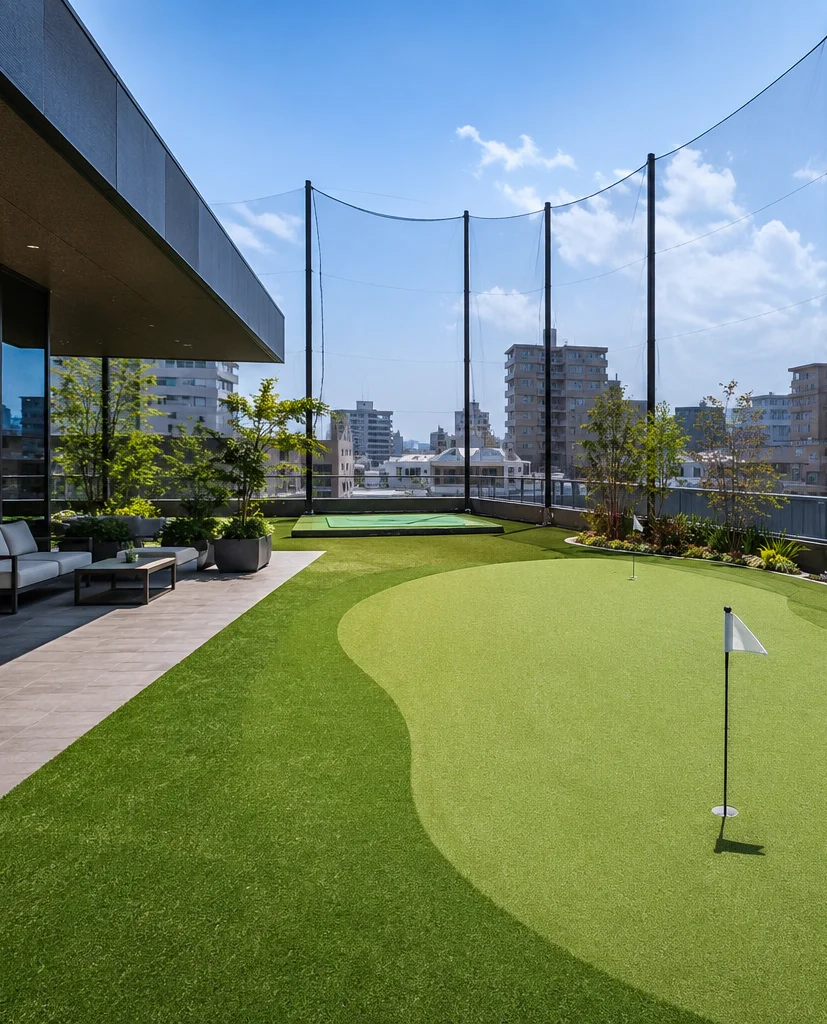 ゴルフ練習施設の屋上に、人工芝のパターグリーンと防球ネット、ラウンジスペースを設けた法人向け施工例