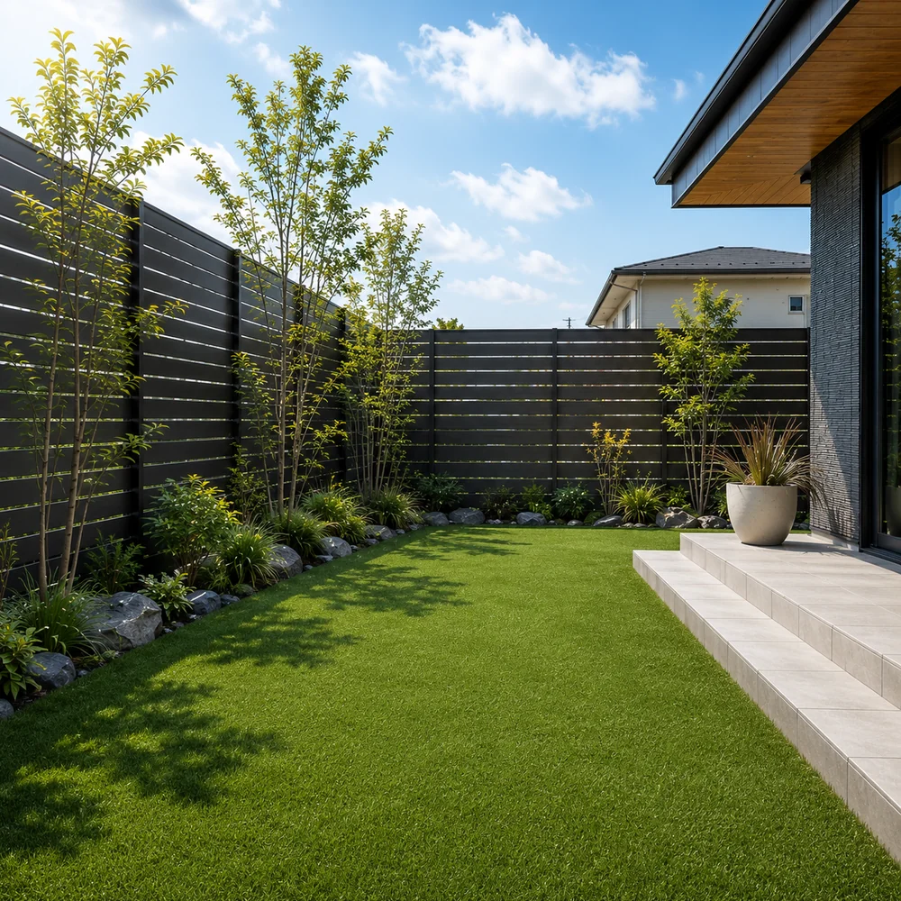 黒いスリットフェンスと植栽、人工芝の庭を組み合わせた住宅の外構施工例