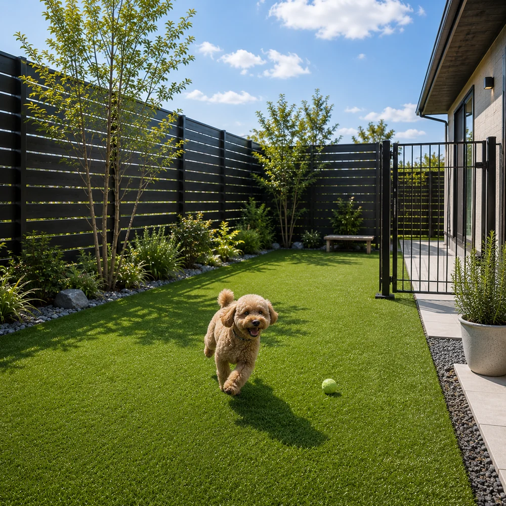 黒いフェンスとゲートで囲んだ人工芝の庭で、犬が走り回れるドッグランの施工例
