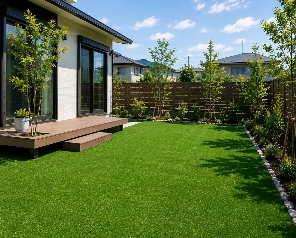 人工芝の庭にウッドデッキと植栽、木製フェンスを組み合わせた住宅の外構施工例