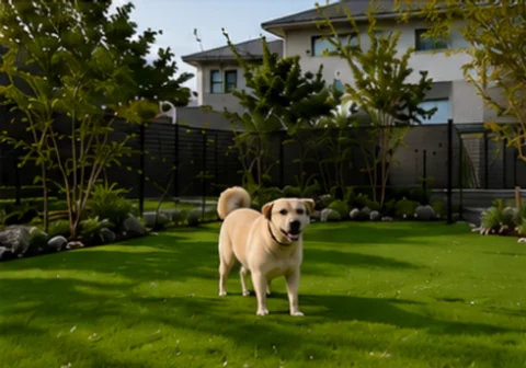 人工芝を敷いた庭で犬が過ごすドッグラン施工例