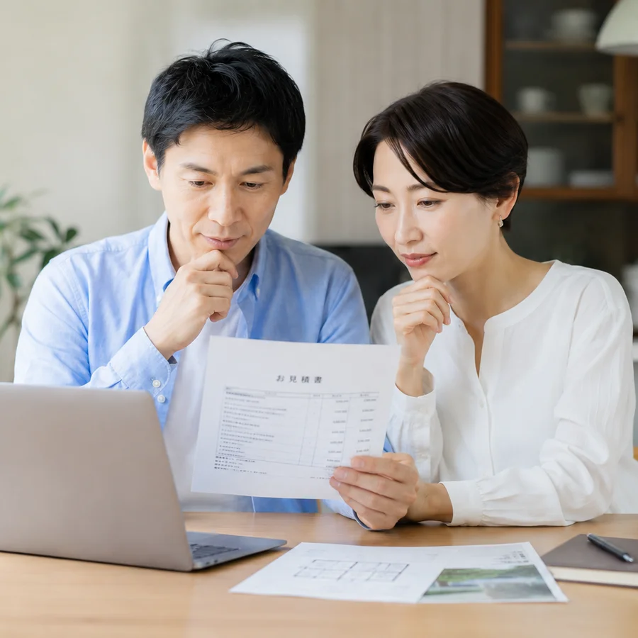 お見積書を手に、ノートパソコンを前に内容を確認するご夫婦