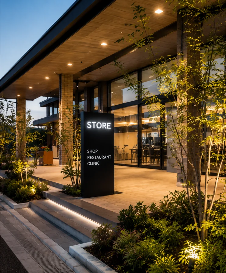 夕暮れにライトアップされた店舗のエントランス。サイン、植栽、タイルのアプローチを組み合わせた商業施設の外構