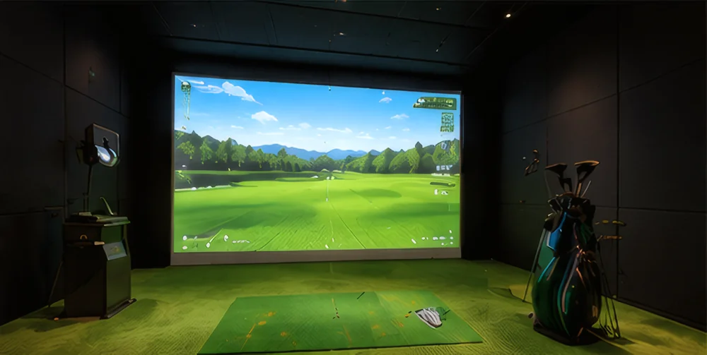 大型スクリーンと人工芝の打席マットを備えた屋内シミュレーションゴルフ