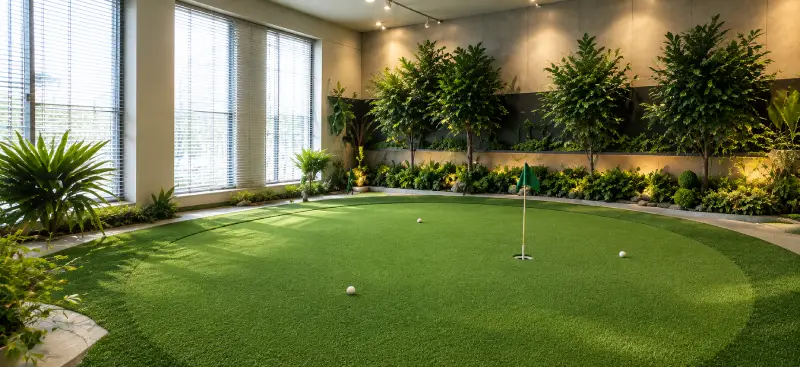 窓際に植栽を配した屋内のパター練習場