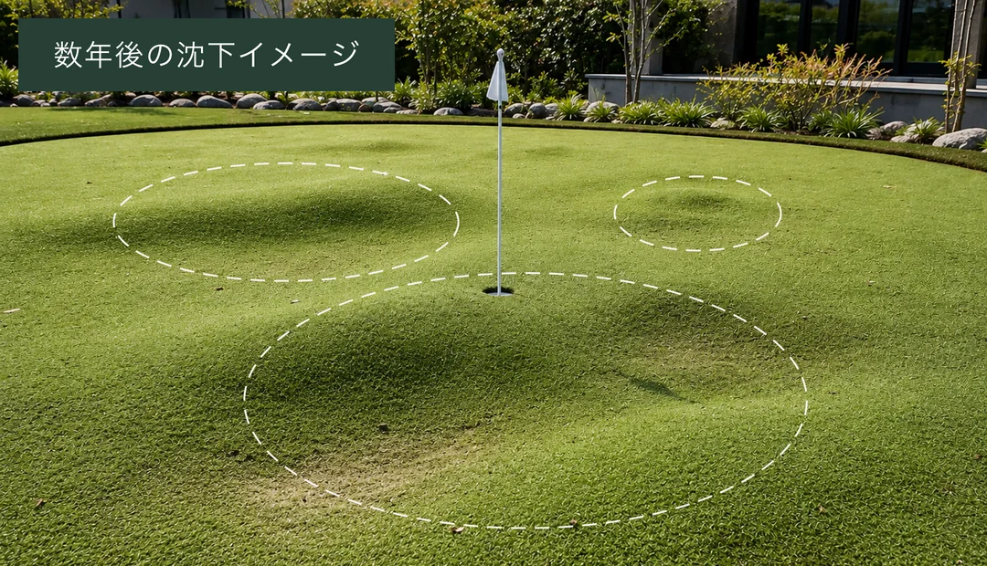 数年後の沈下イメージ。パターグリーンに凹凸が発生した部分を白い破線で示した写真