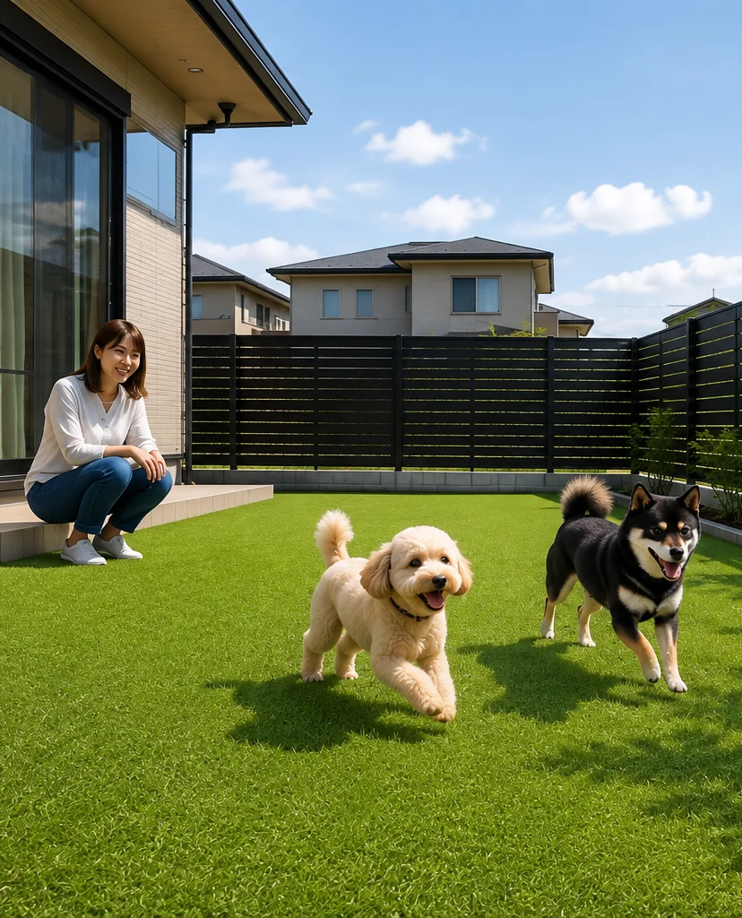 人工芝を施工した戸建て住宅の庭で、2匹の犬が走り回り、女性が見守っている様子