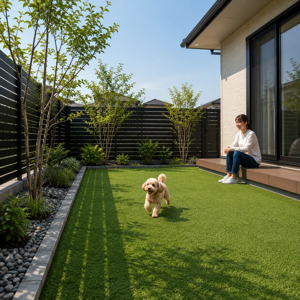 人工芝を敷いた戸建て住宅の庭を小型犬が歩き、ウッドデッキに座った女性が見守っている様子