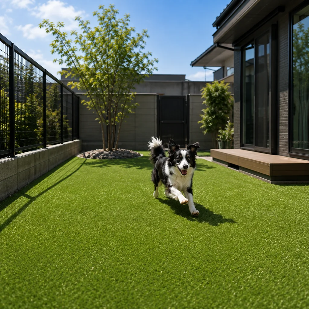 人工芝の庭を元気に走るボーダーコリー
