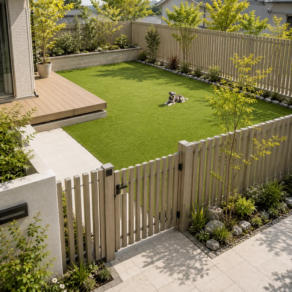 木製フェンスと門扉で囲まれた住宅の庭に人工芝を敷いたドッグランと、芝の上でくつろぐ犬
