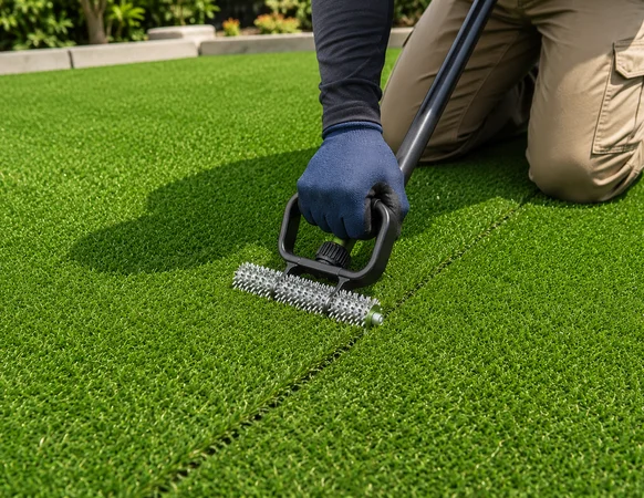 人工芝のつなぎ目をローラーで圧着する施工スタッフ