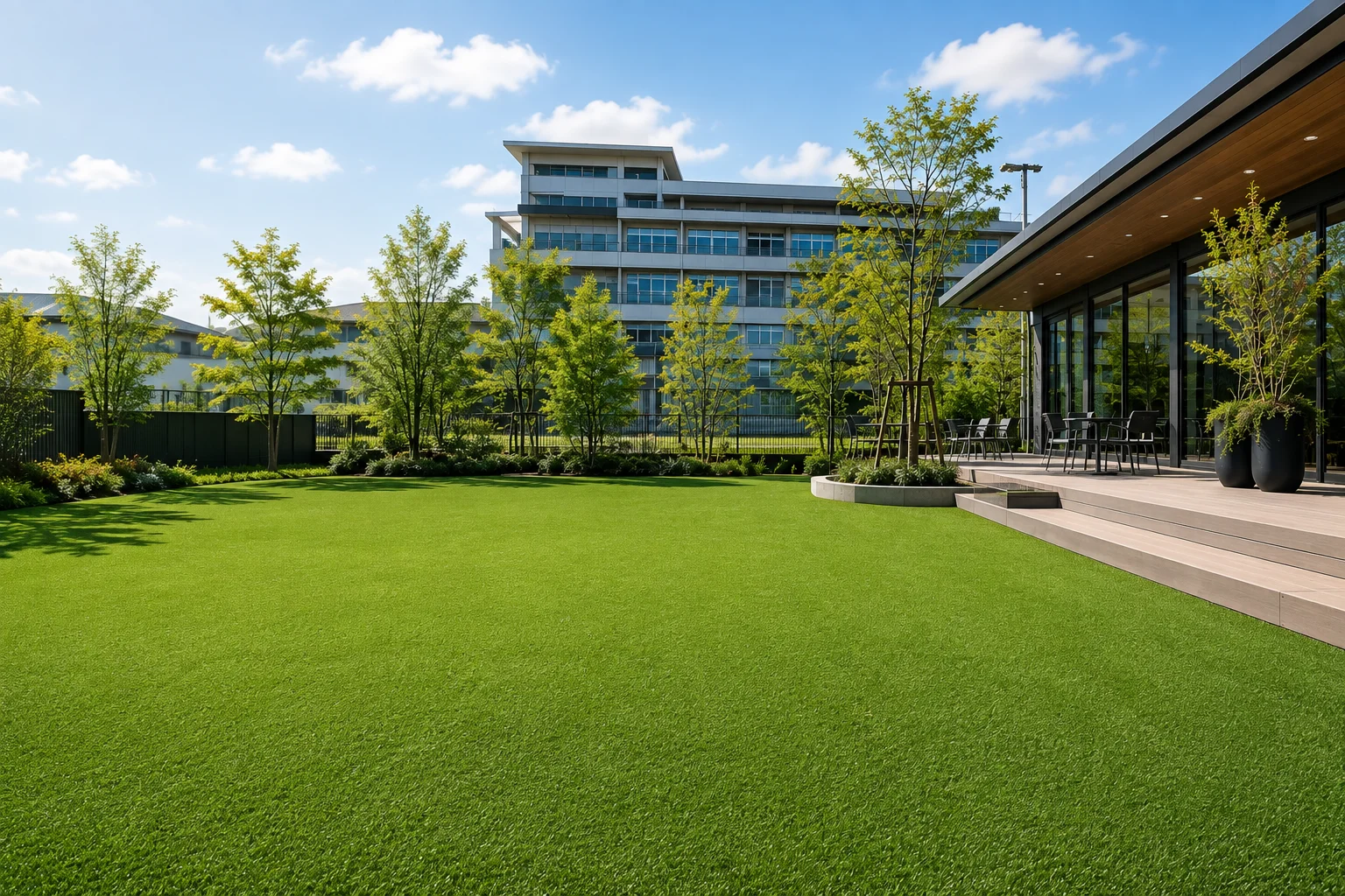 商業施設のウッドデッキ前に広がる人工芝の広場。植栽とテラス席があり、奥に中層の建物が見える