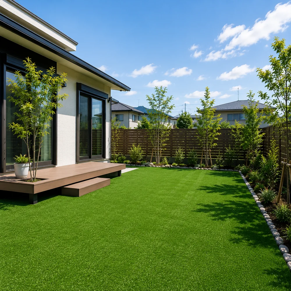 人工芝を敷いた戸建て住宅の庭。ウッドデッキと植栽、木製フェンスに囲まれ、青空が広がっている