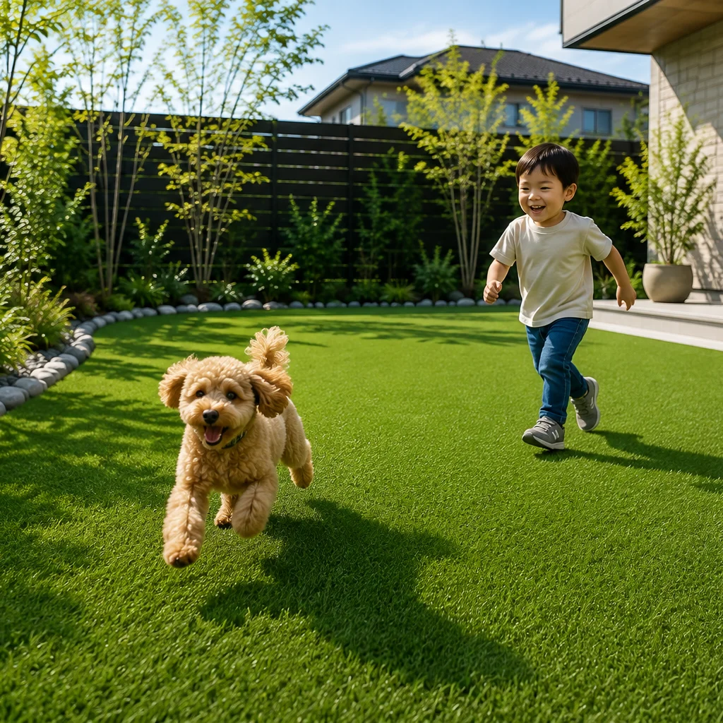 人工芝の庭を元気に走り回る子どもと犬
