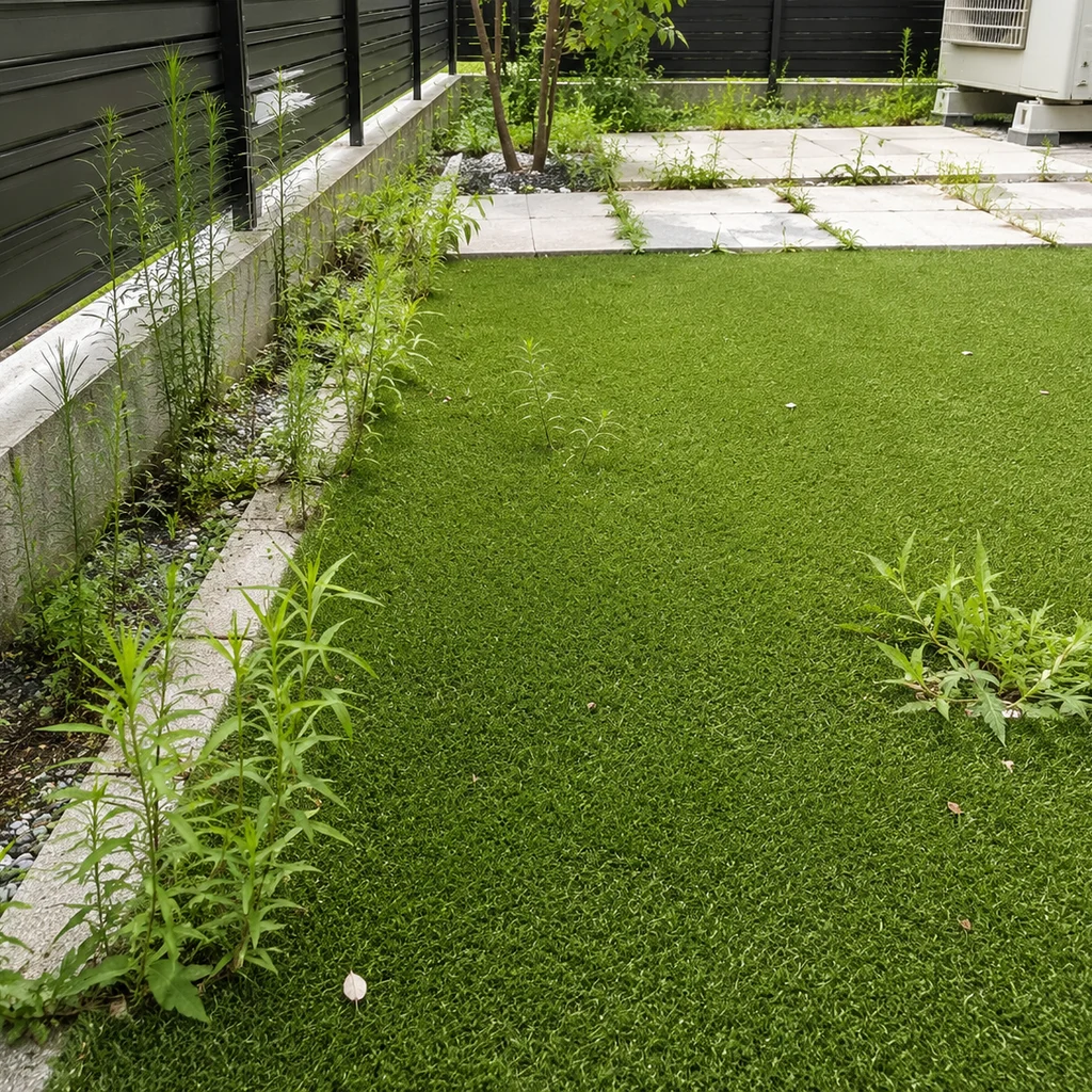 人工芝の縁やブロック塀との隙間から雑草が伸びている住宅の庭