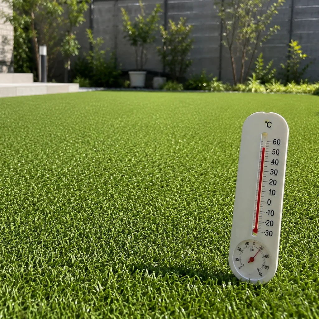 夏の日差しを受ける人工芝の上に立てた温度計