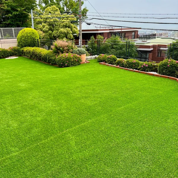 植栽の生垣に沿って人工芝を広く敷いた、見晴らしの良い住宅の庭